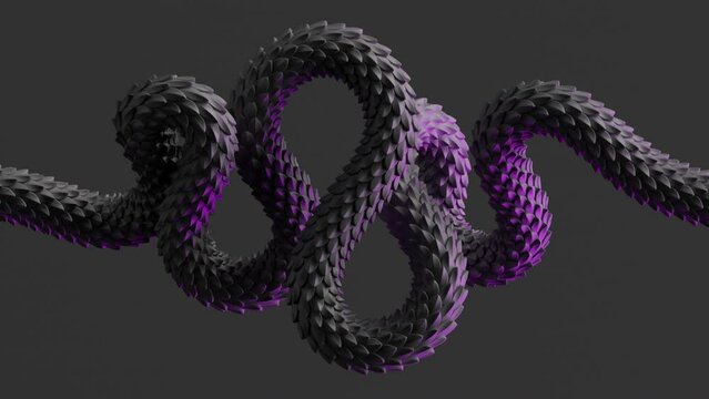 looping 3d animation. Abstract animated black snake illuminated with pink side neon light, isolated on dark background. Video of dragon scales texture motion