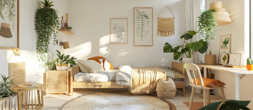 A kid's bedroom featuring wooden furniture, designer accents, and posters on a white wall, designed with a natural and bright aesthetic.