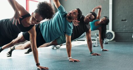 Group, fitness and cardio workout for training, health and wellness in studio gym with diversity. Friends, fun and exercise for weight loss, commitment and goals with personal trainer or coach