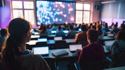 University college audience or lecture room with students as back to school education study and learning during conference presentation and training seminar meeting