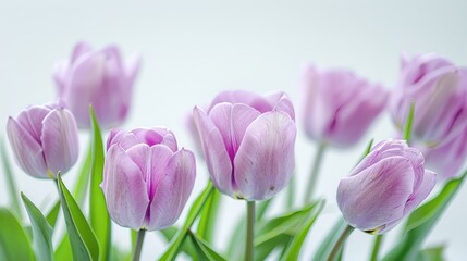 Fototapeta premium Lilac tulip blooms set against a crisp white backdrop