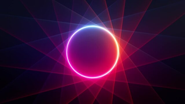 cycled 3d animation of a spinning glowing neon ring with beams of light and lens flare. Looped live image. Minimalist background in retro disco style