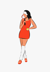 Vector illustration of a woman with a tennis racket and a tennis ball. A woman in an orange dress, headband and leg warmers.