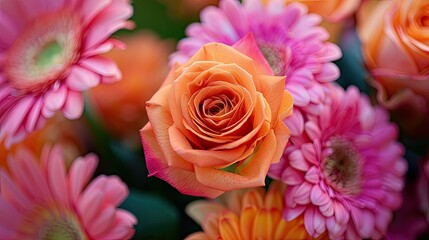 A delightful mix of orange roses and pink gerbera flowers makes up the colorful bouquet - Powered by Adobe