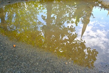 Reflection of the city symbol in a puddle