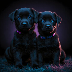  two black puppies are exquisitely rendered with a blue and pink neon glow effect, their large blue eyes drawing attention