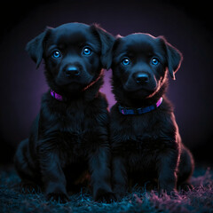 Obraz premium two black puppies are exquisitely rendered with a blue and pink neon glow effect, their large blue eyes drawing attention