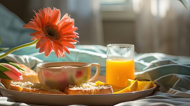 Surprise your mom on Mother s Day with a delightful breakfast in bed picture a sunlit morning at home complete with a tray adorned with orange juice coffee crispy toasts and a vibrant flowe