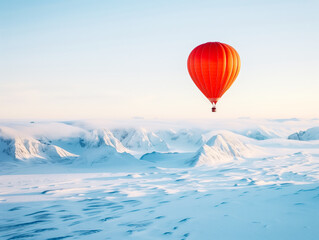 A red hot air balloon is flying over a snowy landscape