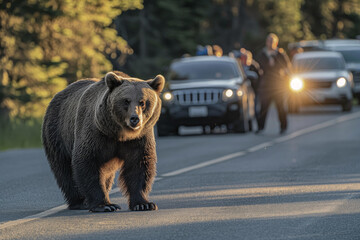 A grizzly bear calmly traverses a road at dusk, observed by onlookers from a safe distance, illustrating the delicate balance between wildlife and human coexistence.