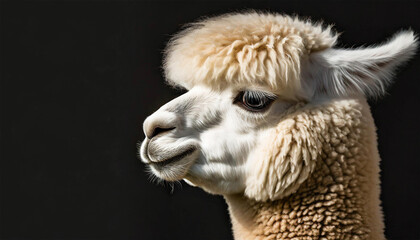 Obraz premium Head profile of an alpaca isolated on black background.