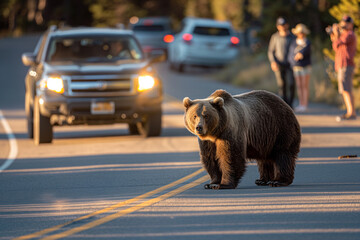 A grizzly bear calmly traverses a road at dusk, observed by onlookers from a safe distance, illustrating the delicate balance between wildlife and human coexistence. - obrazy, fototapety, plakaty