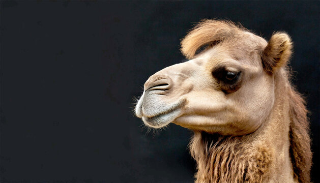 Head closeup of camel isolated on plain simple black background.