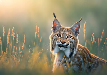 In the soft light of dawn, a lynx sits amidst the tall grass, its sharp eyes and striking ear tufts outlined against the tranquil glow of the morning. - obrazy, fototapety, plakaty