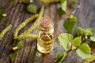 A bottle of essential oil with birch tree branches with catkins and young leaves
