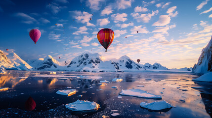 A group of hot air balloons are flying over a frozen lake - obrazy, fototapety, plakaty