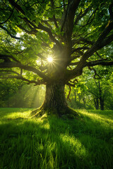 Naklejka premium Sunlight pierces through the lush canopy of an ancient oak, casting a radiant pattern of light and shadow over the vibrant green forest floor.