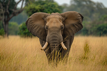 Fototapeta premium A solitary elephant gently traverses the grassland, its ears spread wide and tusks prominent, set against a backdrop of verdant trees in a tranquil natural scene.