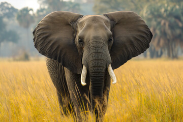 Fototapeta na wymiar A solitary elephant gently traverses the grassland, its ears spread wide and tusks prominent, set against a backdrop of verdant trees in a tranquil natural scene.
