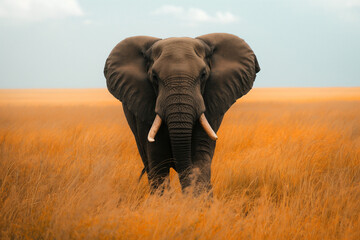 Obraz premium A majestic African elephant strides across the golden savannah, its imposing presence accentuated by the soft, warm light filtering through the trees.