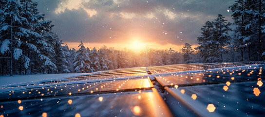 Snow falling on solar panels in a winter forest with the sun rising.