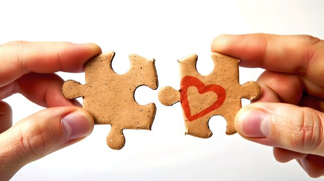 Two hands holding jigsaw puzzle pieces with a heart symbol, expressing connection and love. Simple and creative concept image suitable for various design purposes. AI