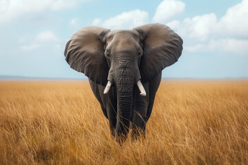 Fototapeta na wymiar A majestic African elephant strides across the golden savannah, its imposing presence accentuated by the soft, warm light filtering through the trees.