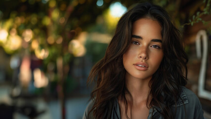 Obraz premium A casual outdoor portrait of a young woman wearing a light denim jacket. She has long dark brown hair. Copy space.