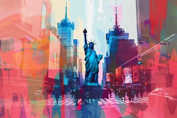 Iconic New York - Times Square and Statue of Liberty Double Exposure - obrazy, fototapety, plakaty