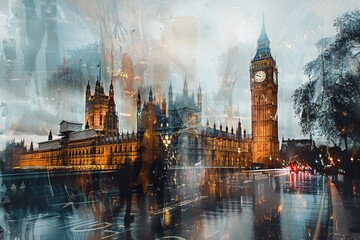 Timeless London - Big Ben and City Life Double Exposure - obrazy, fototapety, plakaty