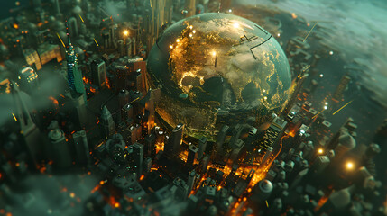 3D concept of the world surrounded by urban constructions. The world is painted in tints of topaz and viridian. creating a mood of invention and global evolution. In a magnified perspective - obrazy, fototapety, plakaty