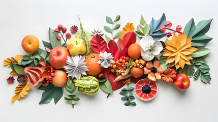 3D paper cut of fruits and vegetables. white background