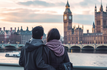 Fototapeta na wymiar Couple's Embrace Overlooking London Skyline