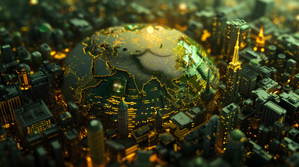 3D portrayal of the globe encompassed by urban edifices. The globe is imbued with shades of gold and jade. fostering a sense of novelty and global progression. In a magnified view