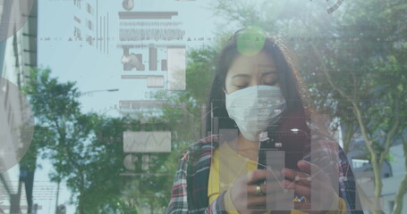 Asian woman wearing mask holding smartphone