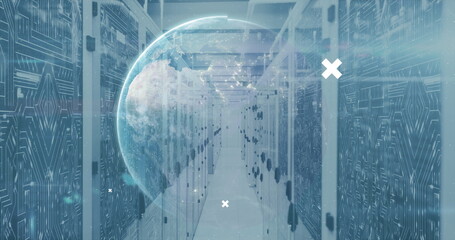 Digital interfaces and holographic globe floating in server room