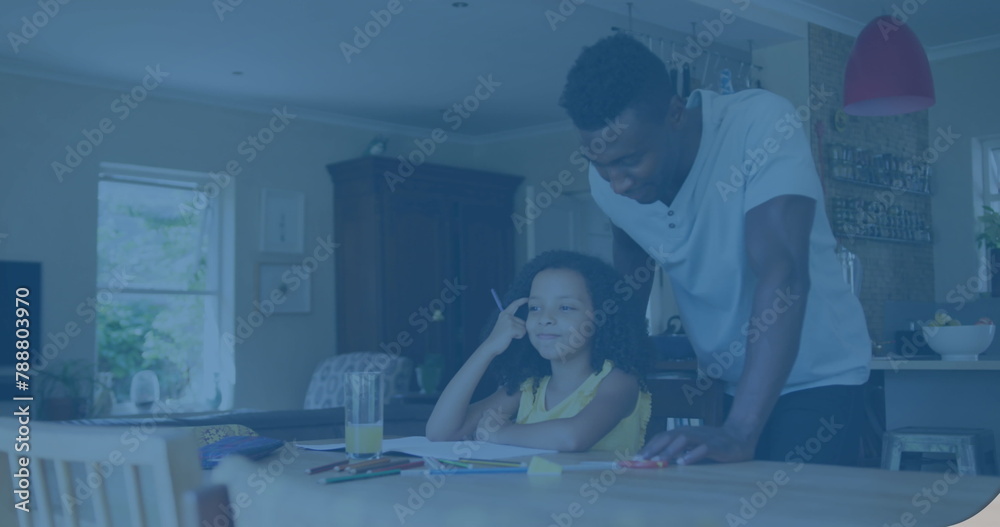 Poster African American adult aids biracial child with homework at home