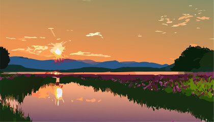 Beautiful sunset over the lake - obrazy, fototapety, plakaty