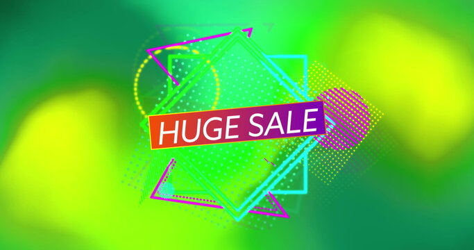 Bright colors and geometric shapes surround bold text announcing huge sale - Powered by Adobe