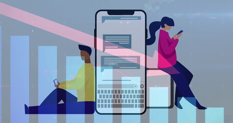 Man sitting holding phone, woman leaning on oversized phone checking messages