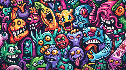 The painting depicts numerous monsters of various colors, shapes, and sizes. Each monster is distinct from the others, creating a vibrant and eclectic display