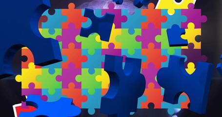 Colorful puzzle pieces are floating against dark background