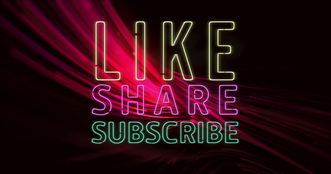 Neon signs displaying LIKE SHARE SUBSCRIBE glow against dark background