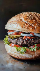 Photorealistic painting of a delicious-looking burger with sesame seed bun, lettuce, tomato, onion, cheese, and pickles. - obrazy, fototapety, plakaty