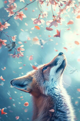Fototapeta premium A fox gazes upwards, surrounded by falling leaves and delicate blooms against a dusky blue sky