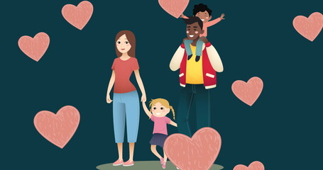 Asian adoptee/daughter holding hands with diverse couple, surrounded by hearts