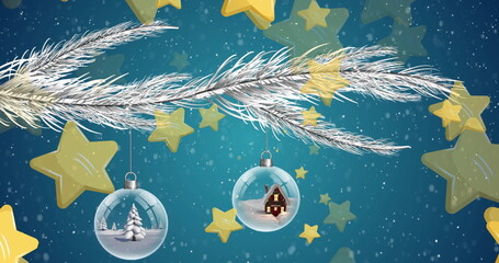 Snowflakes are falling gently around festive decorations hanging from branch
