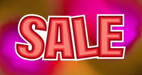 Bold red SALE text stands out against blurred colorful background