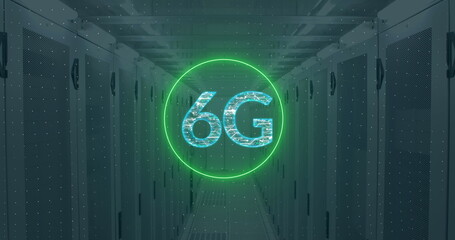 A holographic 6G symbol floats in server room, glowing in green and blue - 788804550