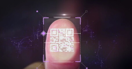 A fingerprint is undergoing scanning, surrounded by digital graphics